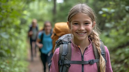 Wall Mural - young girl smiling while hiking on forest trail with friends during daytime in a natural setting