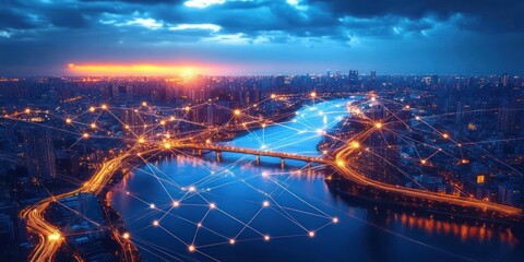 Poster - Cyberpunk Night Cityscape with Network Connectivity and River Bridge