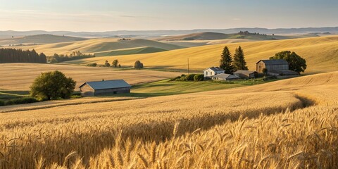 Poster - A large field of golden wheat with a few houses in the distance