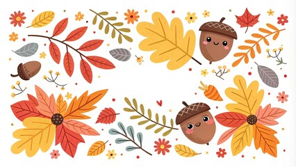Poster - A colorful autumn scene with leaves, flowers, and acorns