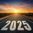 © Yasmeen  - 2025 written on a long asphalt road at sunset, symbolizing growth, strategy, and achieving future goals