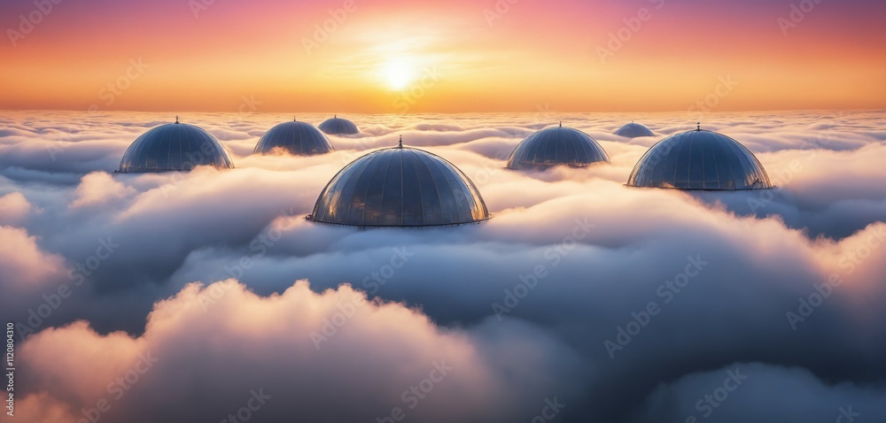 Radiant glowing sky domes shining over infinite rolling mist Stock ...
