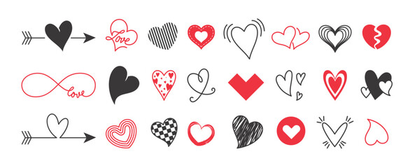 Wall Mural - Love heart shape icon clipart set for valentine's day. Red and black heart clip art outline with calligraphy, hand drawn and doodle valentine symbol elements. Vector illustration valentine's day 