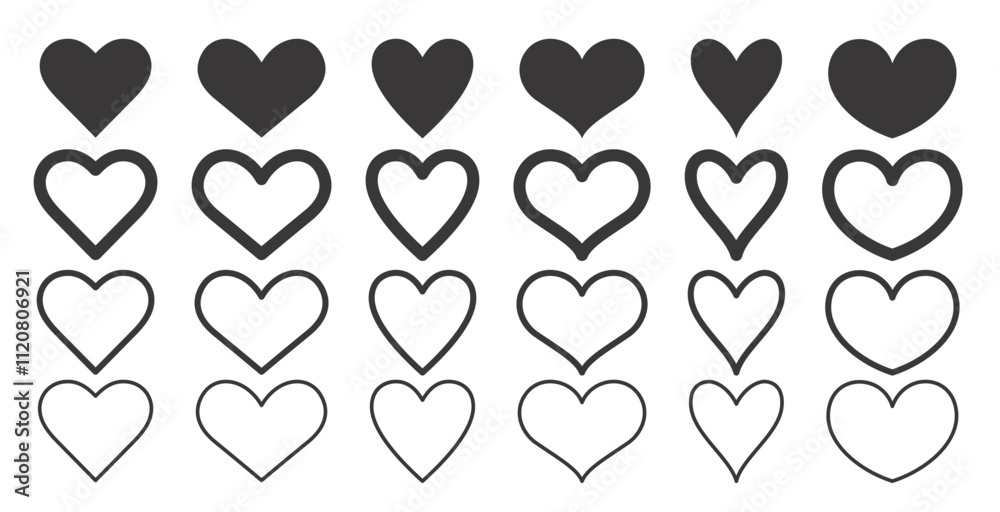 Black heart shape icon clipart outline set. Love white heart drawing ...