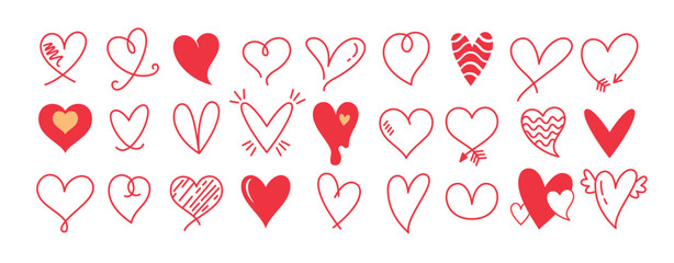 Heart clipart shape outline set. Red love heart clip art icon hand drawn collection in doodle sketch graphic sign for valentine's day. Vector illustration valentine drawing style symbol.
