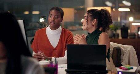 Poster - Night, design team and computer in office for advice, website layout and brainstorming. Women, tech or discussion in digital agency for problem solving, planning campaign or deadline for productivity