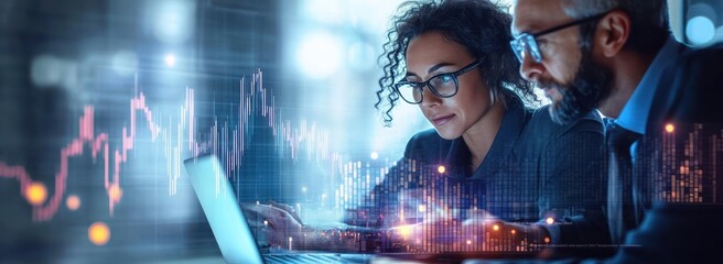 Aufkleber - Financial Data Analysis in Cyberpunk Business Environment with Collaboration and Investment Strategy