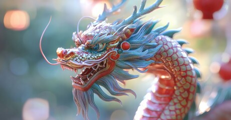 Colorful Chinese dragon with red and blue scales