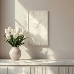 Poster - Minimalist Interior Design Scene with Marble Countertop and White Tulips in Ceramic Vase Soft Natural Light
