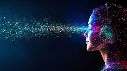Aufkleber - Portrait of woman listening to music with colorful particle molecules coming out of headphones for Future Digital Era Art technology development concept.