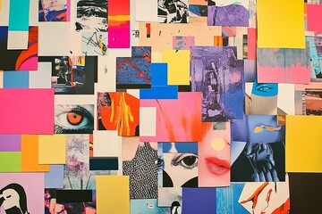 Poster - Colorful collage of artistic prints and paper squares displayed on a wall in a contemporary art space. Generative AI