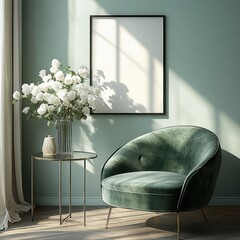 Poster - Modern Minimalist Interior Scene with Green Velvet Chair and Round Glass Table in Serene Pastel Background