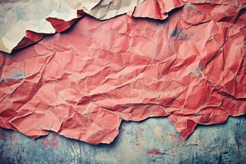 Poster - Crumpled textured paper with vibrant red and muted tones showcasing an artistic backdrop for creative projects. Generative AI