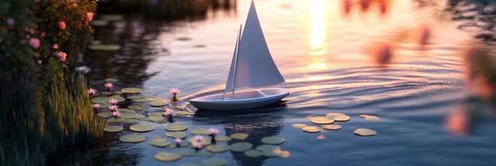 Wall Mural - a serene scene with a sailboat on a tranquil lake.