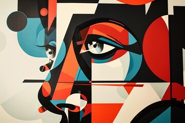 Poster - Contemporary abstract mural featuring a stylized face with vibrant geometric patterns in a creative urban space. Generative AI
