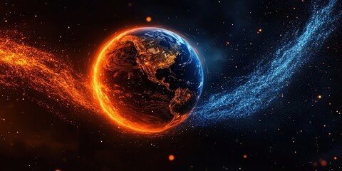 Wall Mural - Vibrant Planet Earth Surrounded by Fiery Orange and Cool Blue Energy Waves Against a Cosmic Background with Stars and Nebulae