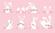 © AmazeinDesign - Bunny easter clipart drawing set. Easter rabbit cartoon character collection in waving, hopping and hiding pose inside the hole for egg hunt celebration design. Vector illustration cute rabbit
