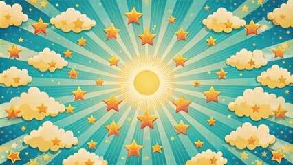 Wall Mural - A retro-inspired sky pattern featuring clouds, stars, and sunbursts, retro, sky, pattern, vintage, nostalgic, celestial