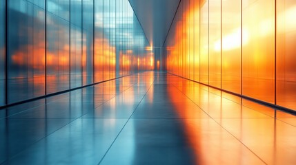 Modern Glass Corridor with Reflections and Light Patterns in a Corporate Environment