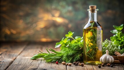 Wall Mural - Close up of a bottle of olive oil and vinegar with fresh herbs , condiments, cooking, food, ingredients, kitchen