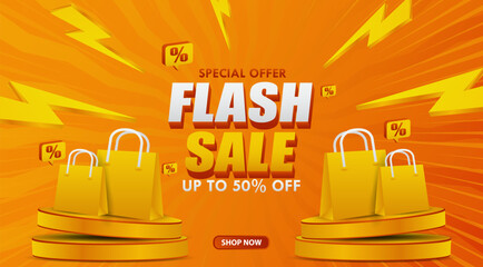 Flash sale banner on orange background. Vector illustration for shopping day promotion, online shopping, special Offer coupon, voucher, banner template, website, social media advertising.