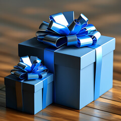 Wall Mural - Blue gift boxes with shiny ribbons, perfect for celebrations and special occasions. These beautifully wrapped presents add festive touch to any event