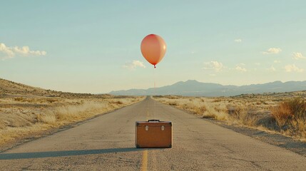 Wall Mural - Suitcase on an empty road with a single balloon attached, symbolizing travel and adventure, with copy space, soft natural light, open scenic background.