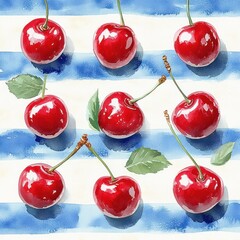 Poster - Seamless pattern of hand drawn red cherries on blue and white watercolor stripes background beautiful texture