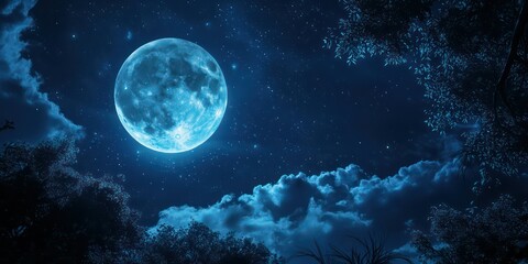 Wall Mural - A dramatic full moon glowing in the night sky, with clouds passing by, setting the perfect Halloween atmosphere.