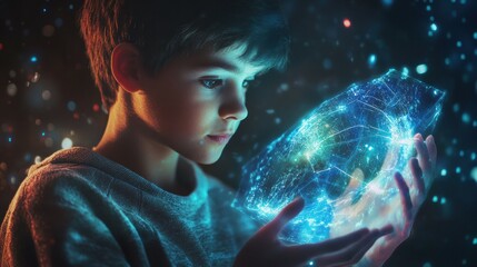 Poster - Awestruck teen discovers glowing holographic map in futuristic cityscape adventure