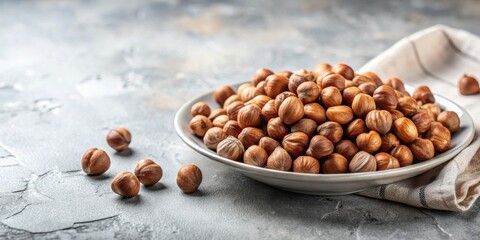 Wall Mural - Hazelnuts peeled in a plate on a light background, Hazelnuts, peeled, plate, light background, food, snack, healthy, organic