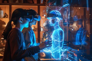 Poster - Virtual reality enthusiasts explore holographic technology in interactive learning environment. Generative AI