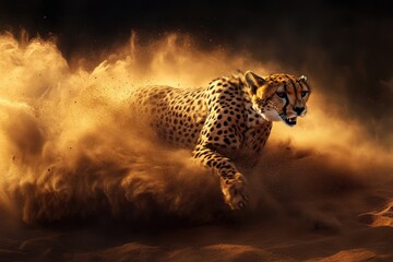 Poster -  an aggressive cheetah in the African savannah, surrounded by dust clouds and sand particles, showcases its agility as it races through the vast landscape