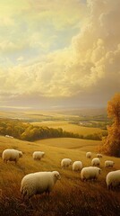 Wall Mural - Serene Sunset: A Flock of Sheep in a Golden Meadow