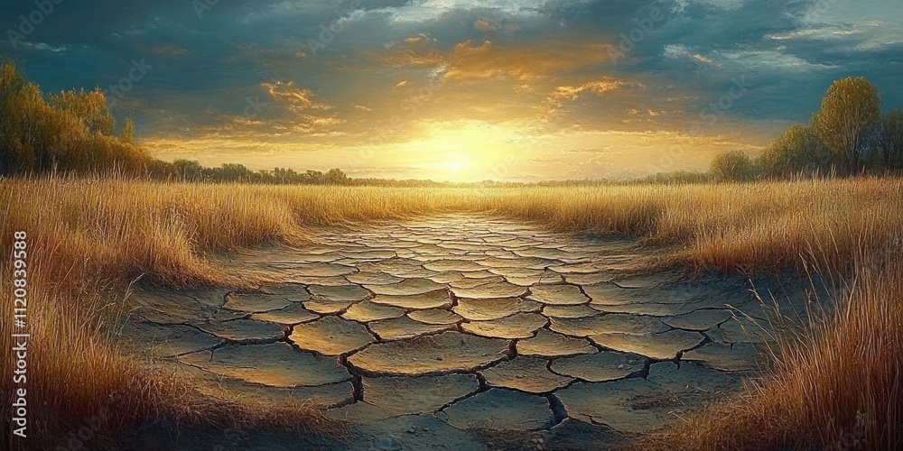 Dry Landscape of Cracked Earth and Golden Grass Highlighting Drought ...