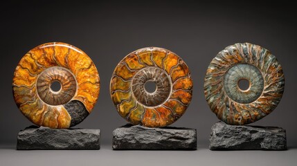 Poster - Fossilized ammonite specimens from the Cretaceous period displayed on black stone stands highlighting their vibrant colors and intricate patterns