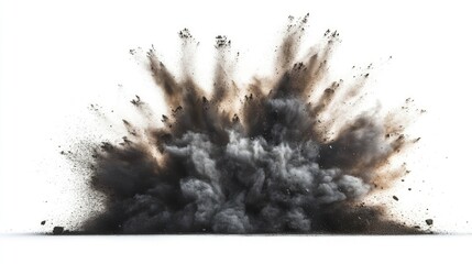 Poster - black dust explosion in freeze motion against a white background showcasing dynamic particles and dr
