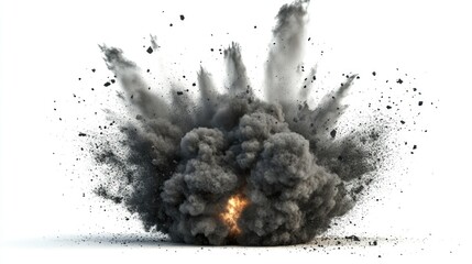 Poster - black dust explosion captured in freeze motion on a white background showcasing dynamic cloud of par