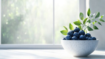Poster - vibrant bowl of fresh blueberries with green leaves on a bright windowsill background showcasing nat