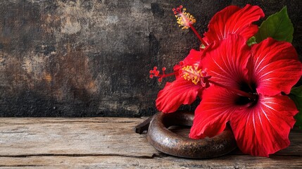 Poster - Vibrant hibiscus flowers with rustic horseshoe background perfect for text placement and garden themes in natural light setting