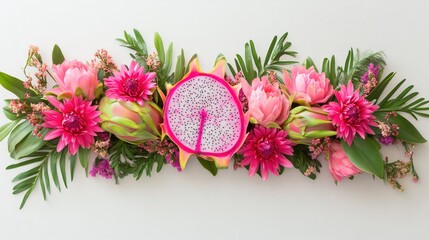Poster - fresh dragon fruit halved with vibrant pink flowers and green foliage on a clean white background id