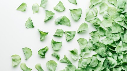 Poster - Green pea shells scattered on a white background creating a fresh and vibrant natural texture for culinary or design purposes