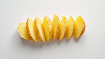 Aufkleber - Sliced yellow potatoes arranged in a line on a clean white background showcasing fresh produce and culinary creativity