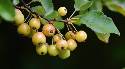 Aufkleber - Hawthorn tree berries on branch surrounded by lush green leaves with a dark background showcasing nature's vibrant details.