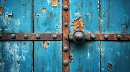 Poster - Rusty blue wooden door texture with oxidized metal features and worn finish ideal for backgrounds and vintage design projects.