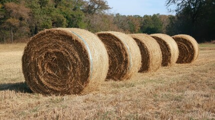 Poster - Hay bales rolled and lined up in a golden field under a clear blue sky surrounded by trees showcasing rural agricultural scenery