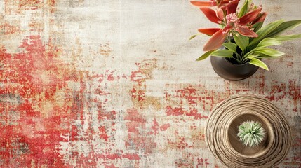 Aufkleber - Handwoven rugs on textured floor with decorative plants and accessories enhancing home interior aesthetics and design elegance