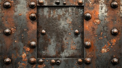 Poster - Rusty metal surface with grunge screws and bolts creating an industrial texture background for design and construction projects.