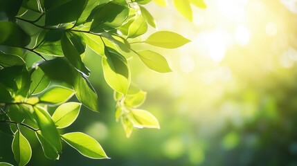 Poster - Sunlit green foliage background with soft bokeh in summer highlighting nature's vibrant colors and textures.
