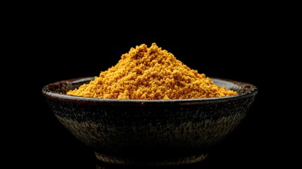 Aufkleber - Turmeric powder heaped in a ceramic bowl on a dark background showcasing vibrant yellow spice against minimalist decor